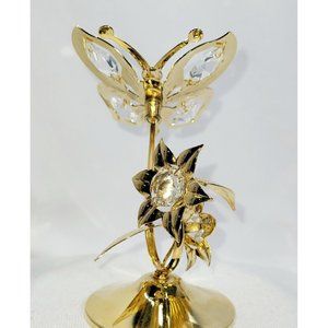 Mascot Austrian Crystal Butterfly Flowers 24K Gold Plate 4.5" Crystal